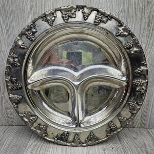 Vintage Silver Plated Divided Serving Tray Ornate Grape‎ Edge 13" Platter Decor